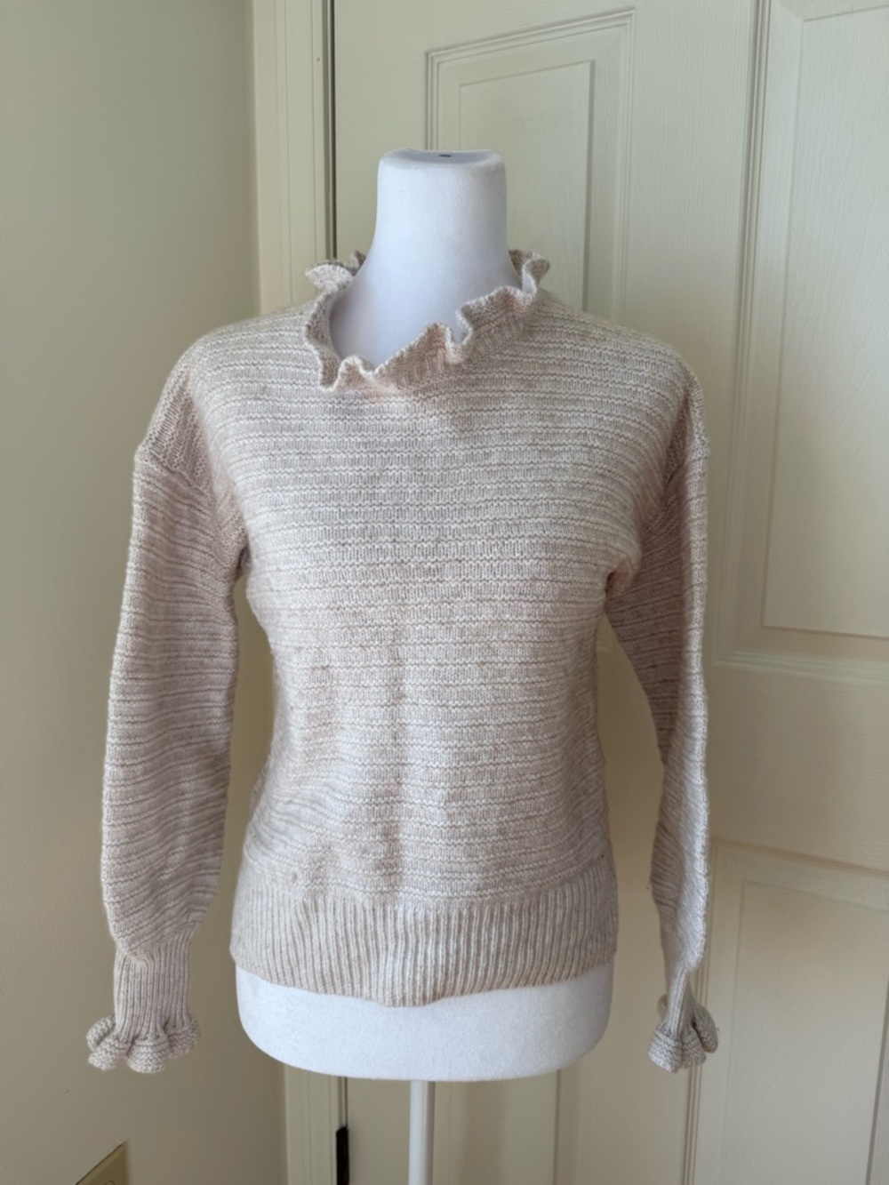 Madewell Cream Ruffle Neck Sweater Small Merino Wool Blend Chunky Knit